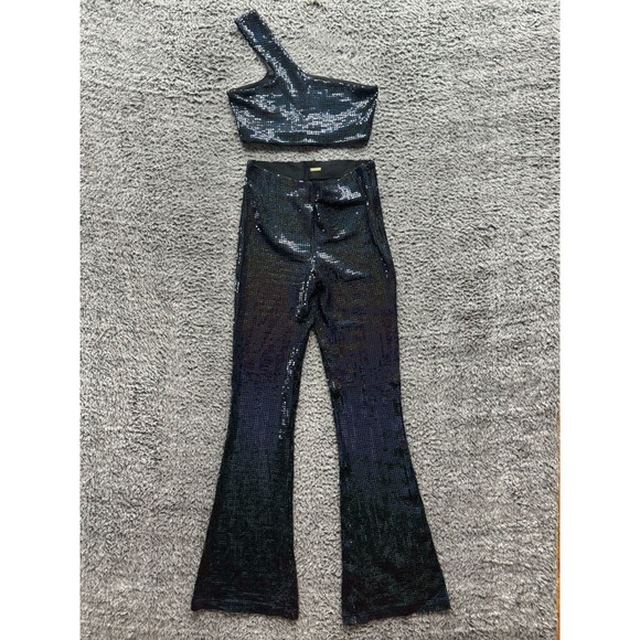 Dodo Bar Or Ada One-Shoulder Sequined Crop Top & Sequined Flared Pants‎ Size 40